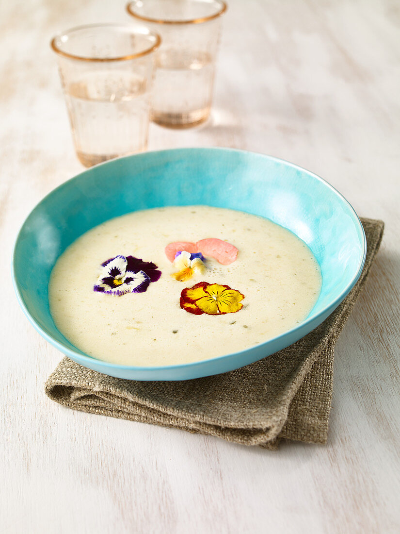 White tomato soup with flowers