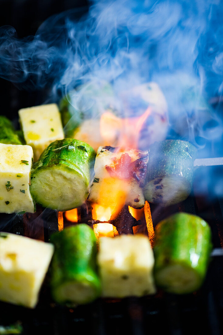 Barbecued courgette and feta skewers