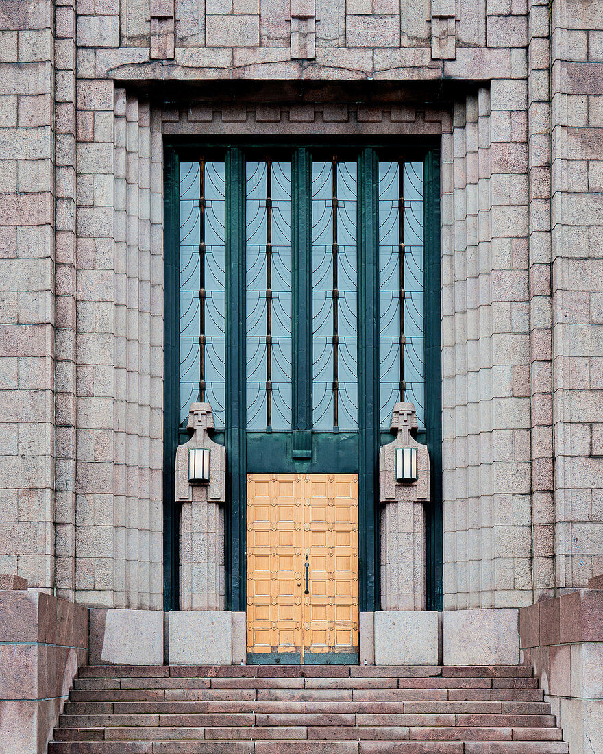 The granite facade of the central train station in Helsinki, Finland