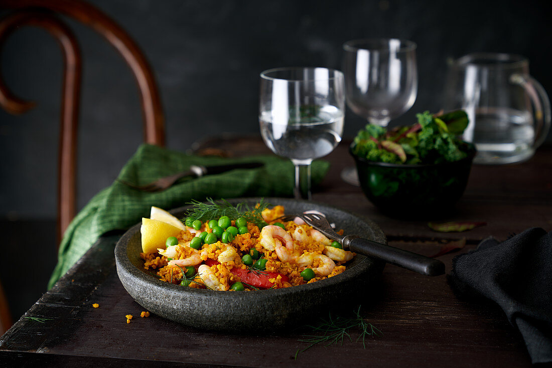 Paella with prawns