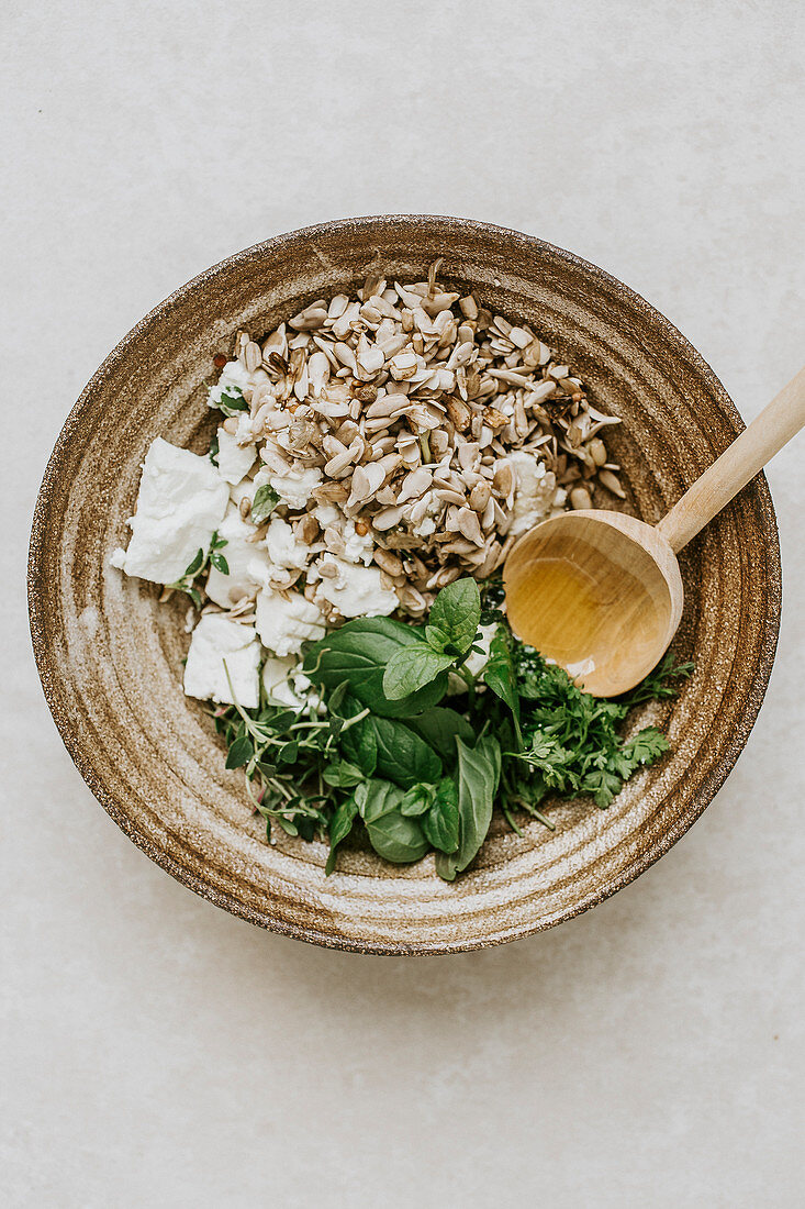 Sheep's cheese, herbs and sunflower seeds