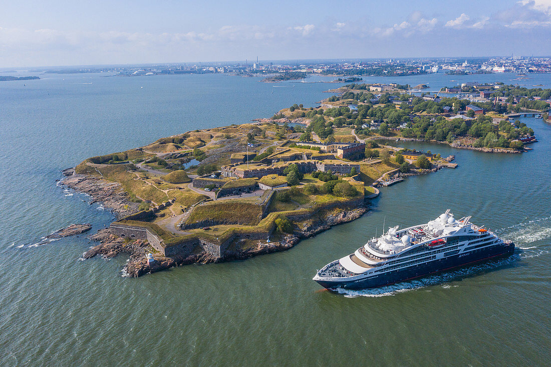 A cruise ship off the fortified island of Suomenlinna, Helsinki, Finland