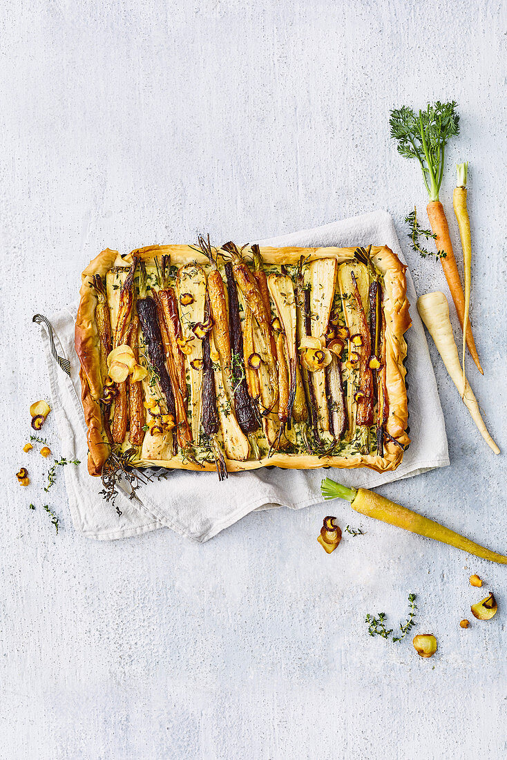 Roasted root vegetable and goat’s cheese filo tart