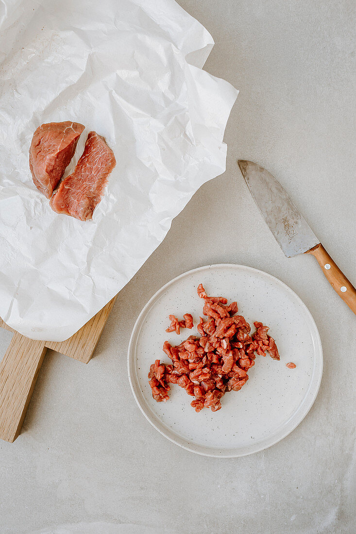 Beef tartare being chopped