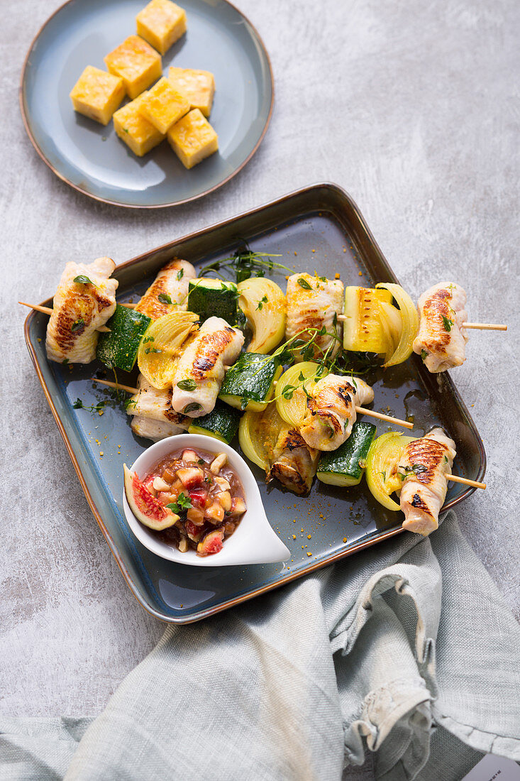 Corn-fed chicken satay with courgettes