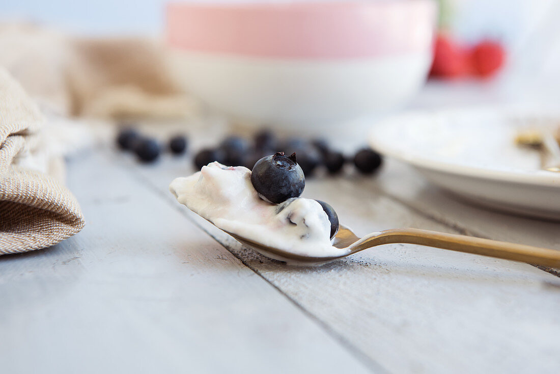 Veganer Joghurt mit Blaubeeren auf Teelöffel