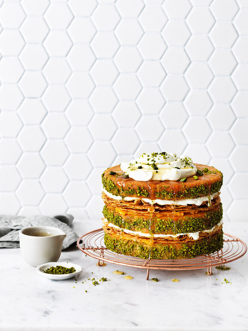 Pistachio and Apricot Baklava Cake