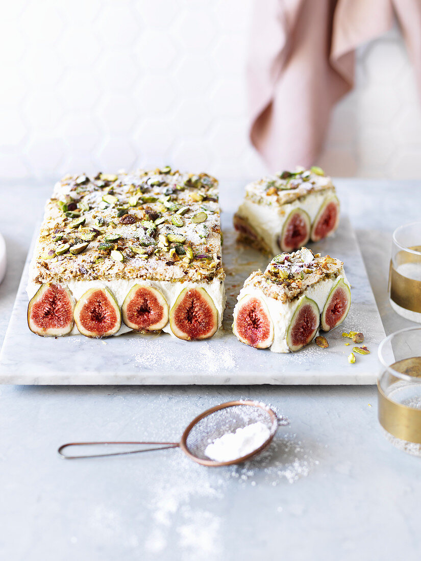 Fig and Pistachio Dacquoise Coconut Mousse Cake