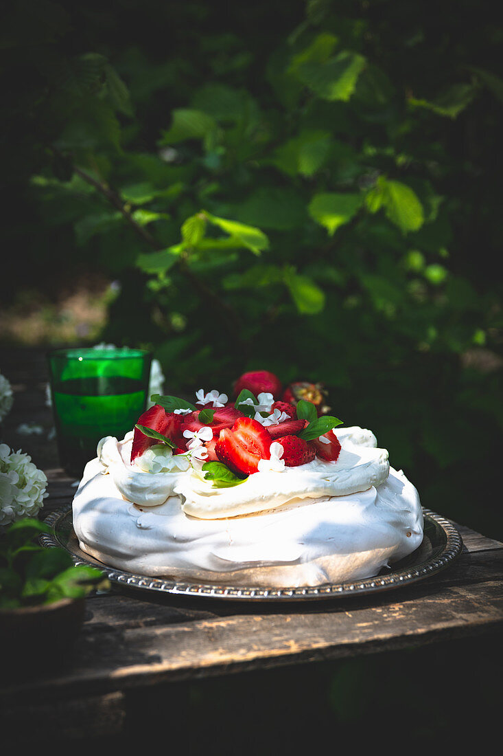 Strawberry and basil pavlova