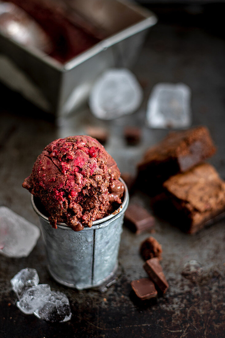 Vegan brownie and raspberry ice cream