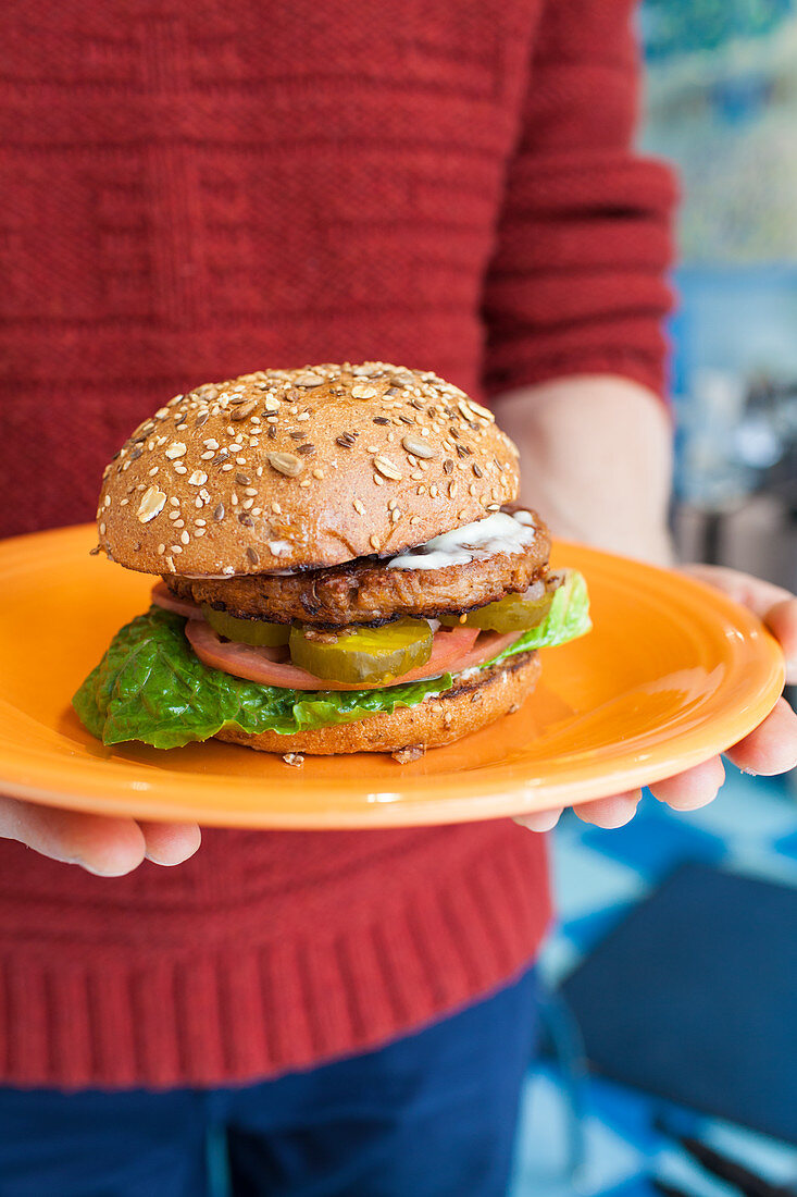 Vegan burger - beyond meat veggie patty, vegan mayo, pickles, grilled onion, lettuce, tomato