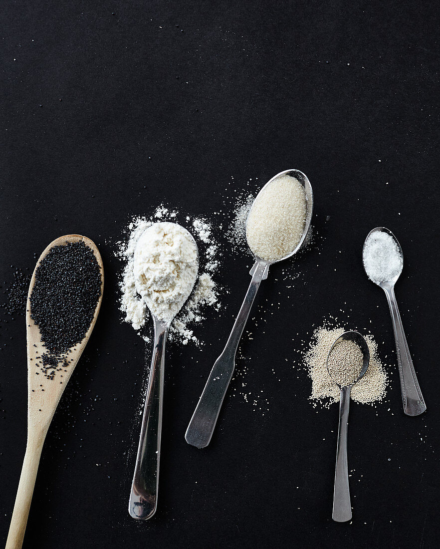 Baking ingredients - poppy seeds, flour, sugar, yeast, salt