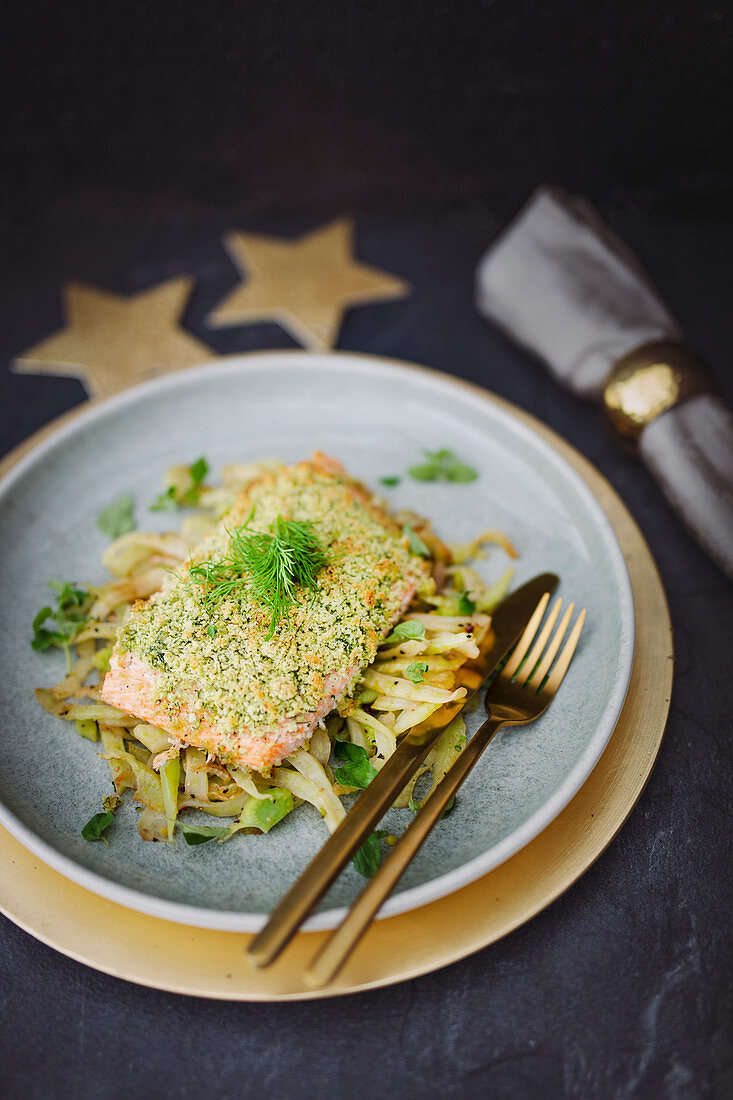 Salmon with dill crust on vegetables