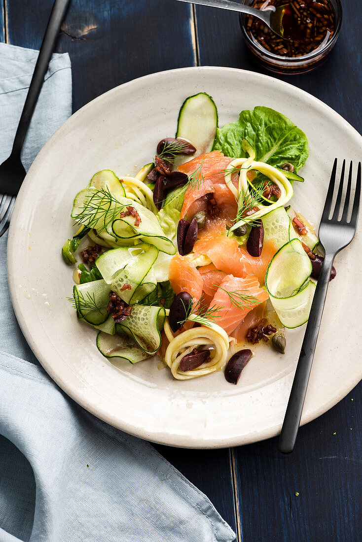 Smoked Salmon salad with cucumber and olives