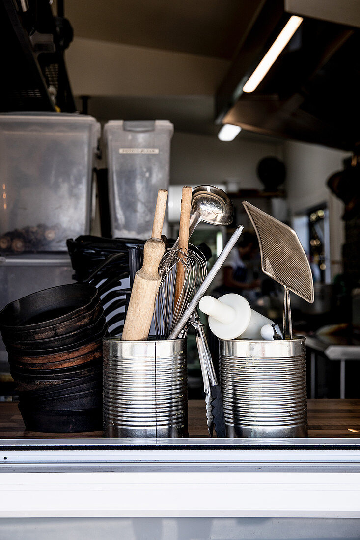 Different utensils in a restaurant kitchen