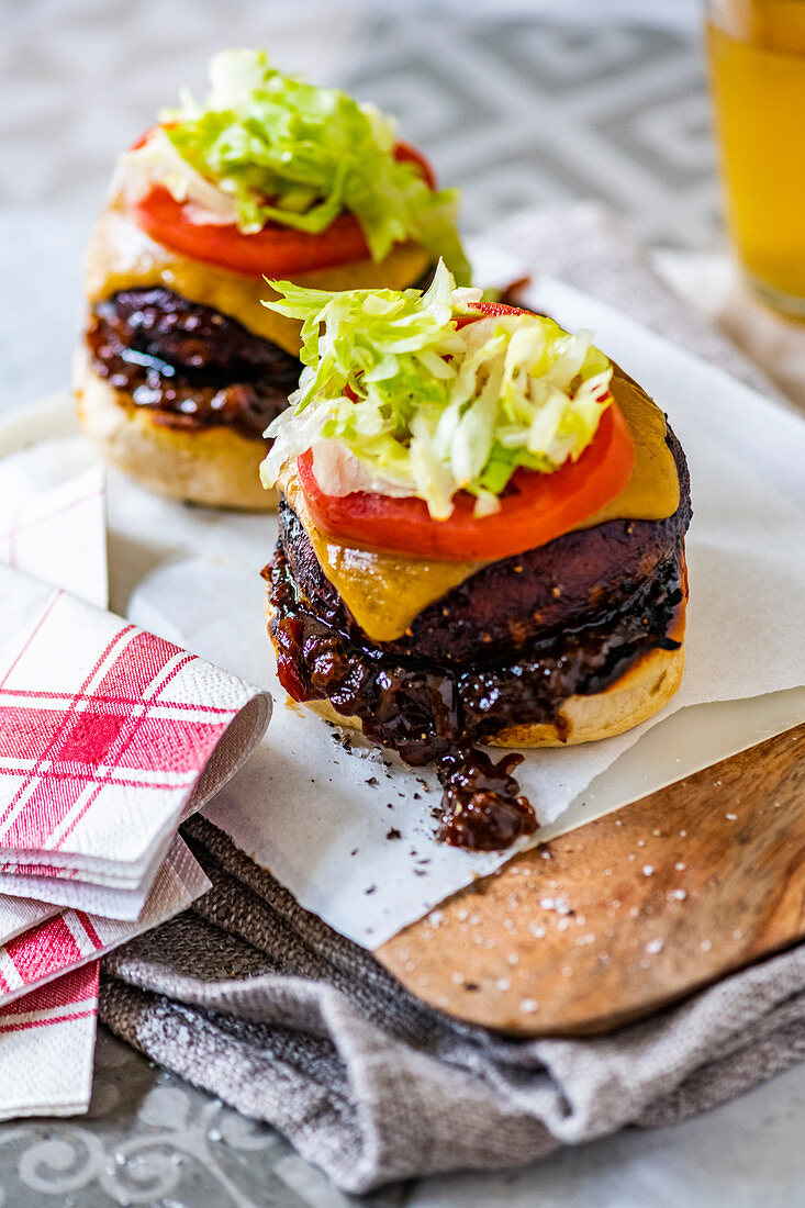 Giant black mushrooms burgers with whiskey onion relish