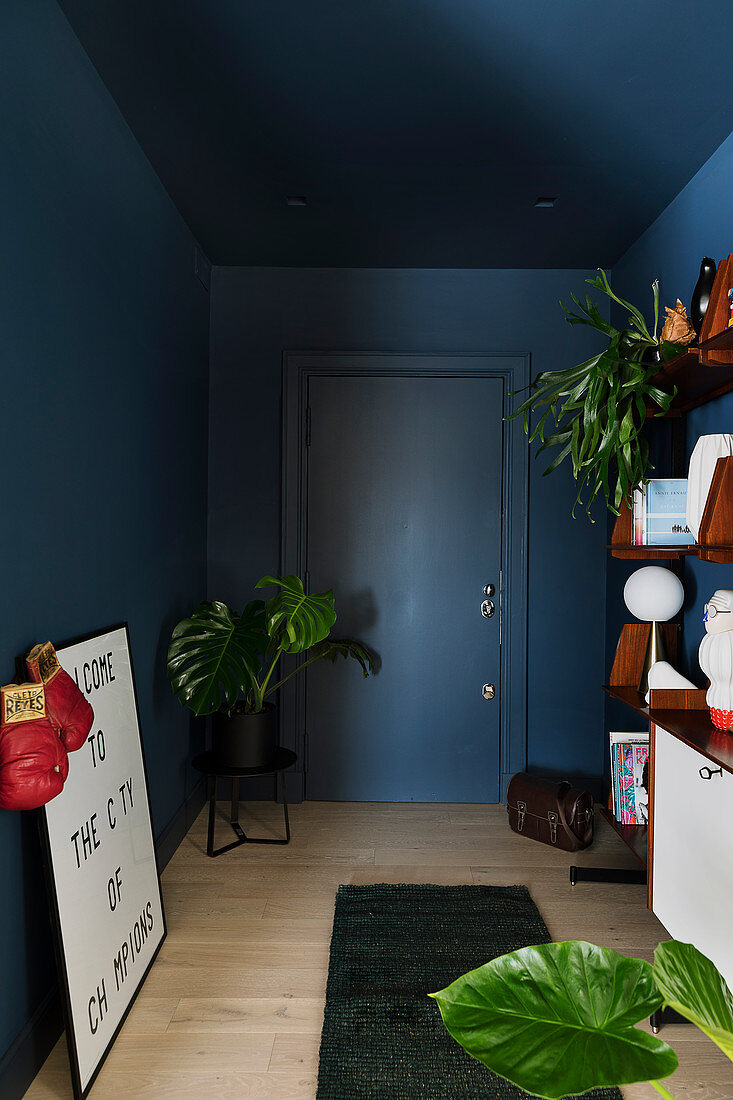 Foyer with dark blue walls, ceiling and front door