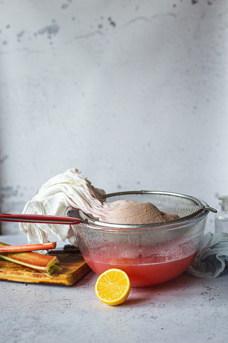 Rhubarb syrup in the making