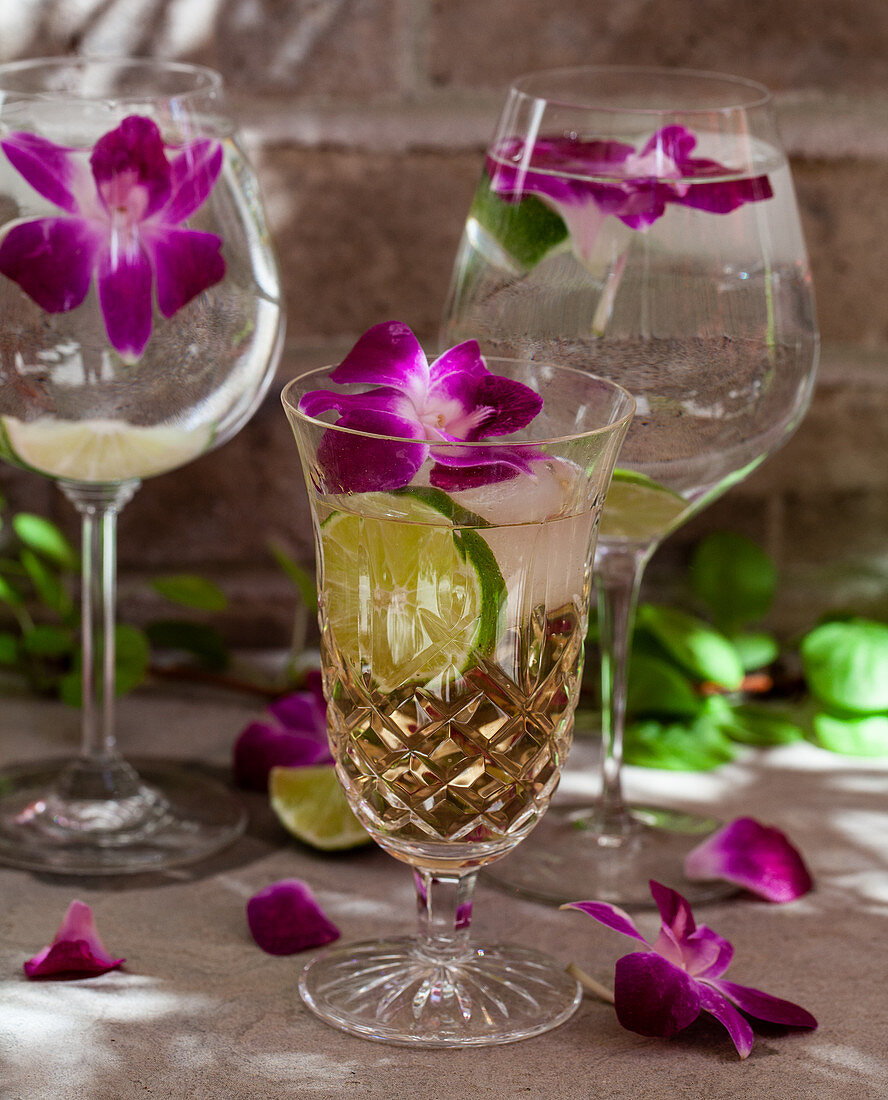 Glasses of sparkling ginger drinks and sparkling water with lime and edible flower garnish