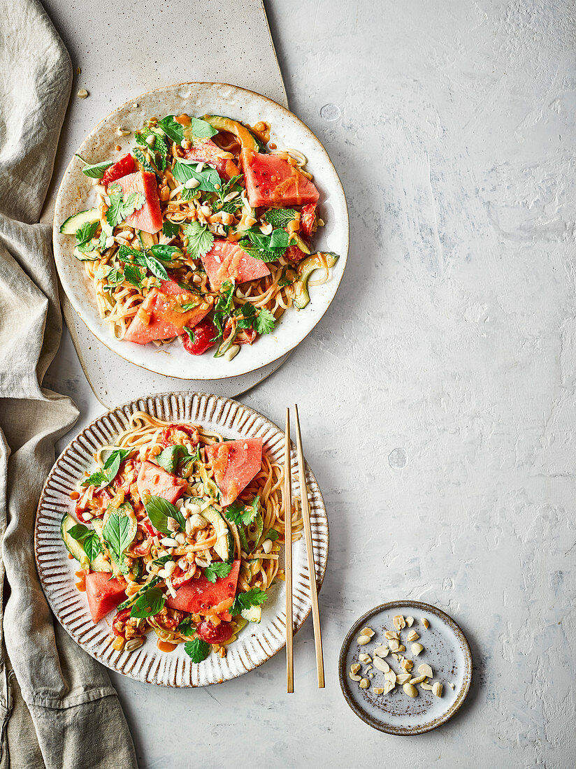 Thai-style peanut noodle salad with herbs and watermelon