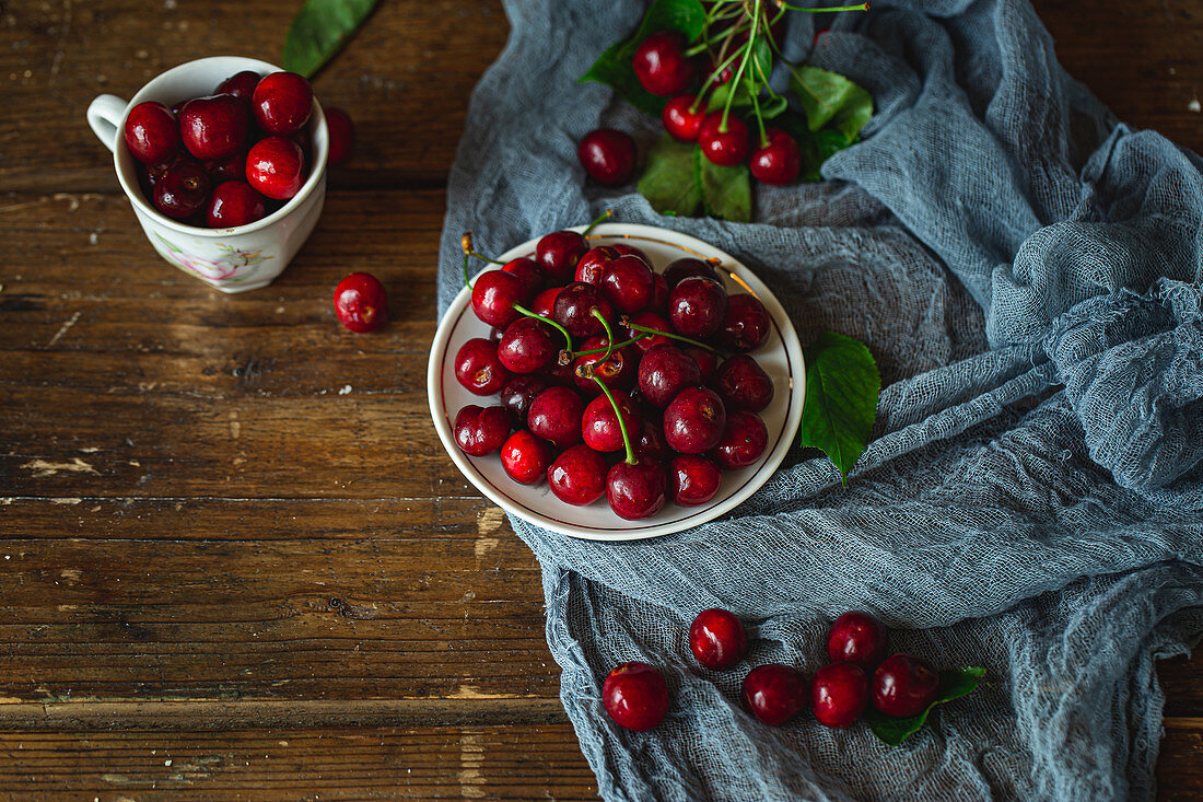 Vintage table and sweet cherries