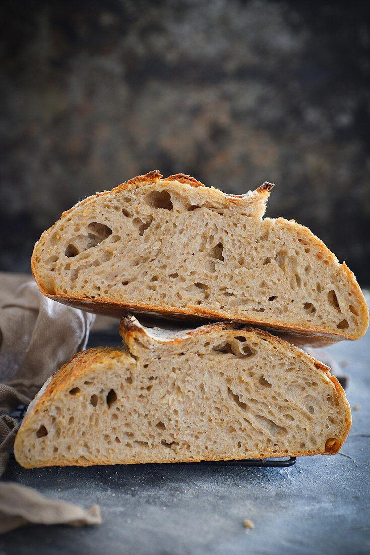 Sourdough bread cut in half