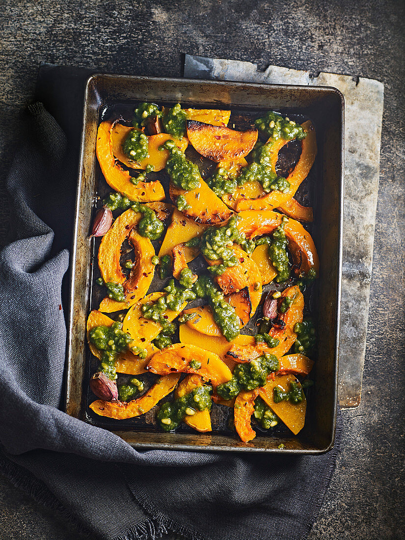 Roasted butternut squash wedges with sage pesto