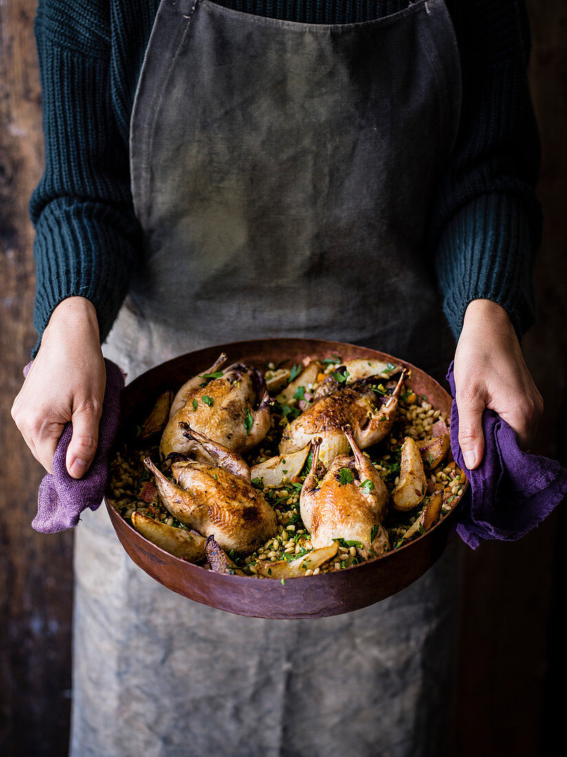 Roast partridge and cinnamon pears with warm barley and roots salad