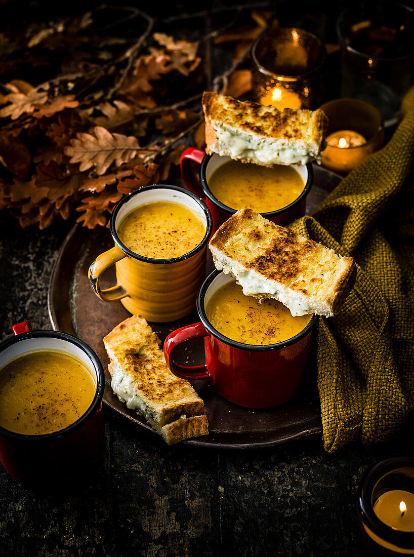 Creamy pumpkin soup with blue cheese and sage toasties