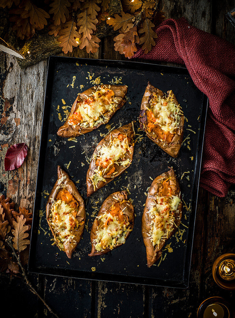 Smashed sweet potatoes with maple syrup and soured cream