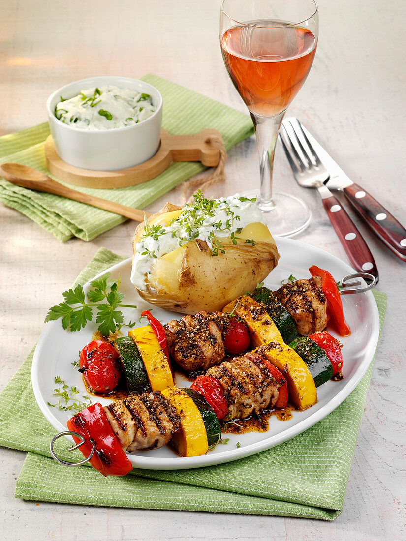 Vegetable skewers with pork fillet with baked potatoes and herb quark