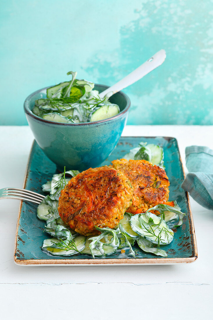 Vegetable meatballs on cucumber salad