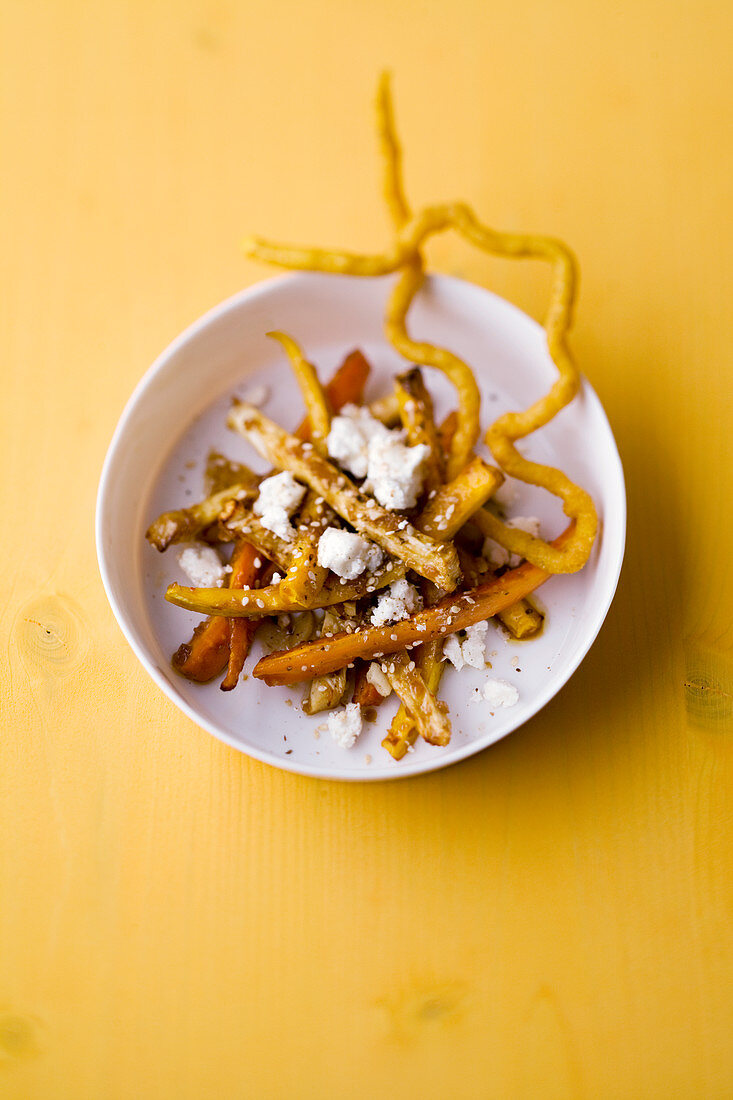 Roasted vegetable salad with goat’s cheese and coriander churros