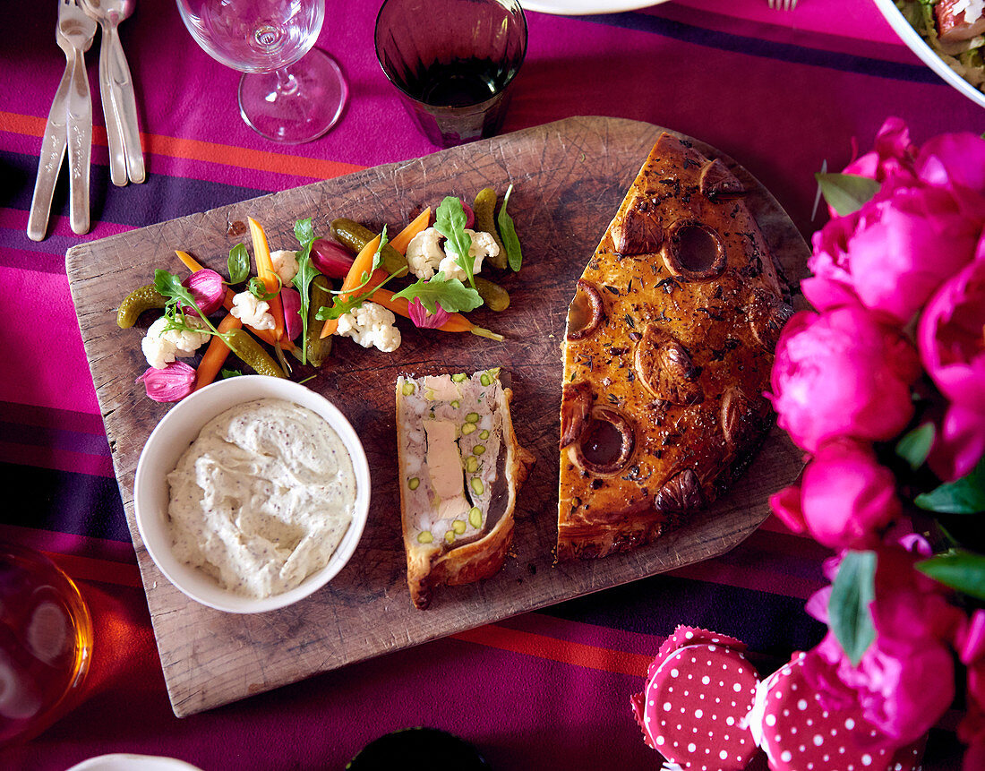 Pate en croute with anchovies for brunch