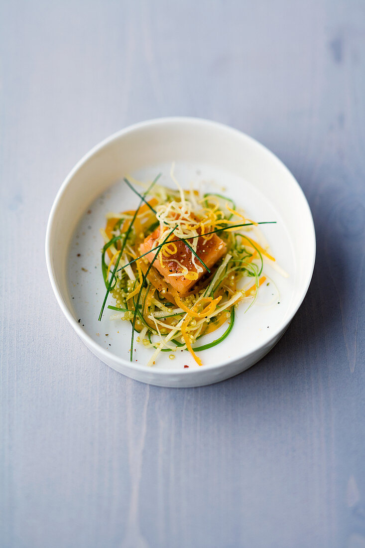 Salmon and star anise tataki with sesame vegetables