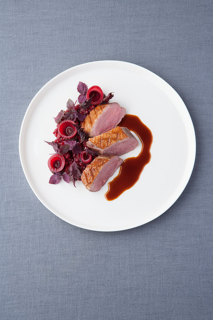 Duck breast with juniper glaze, shiso barley and hibiscus onions