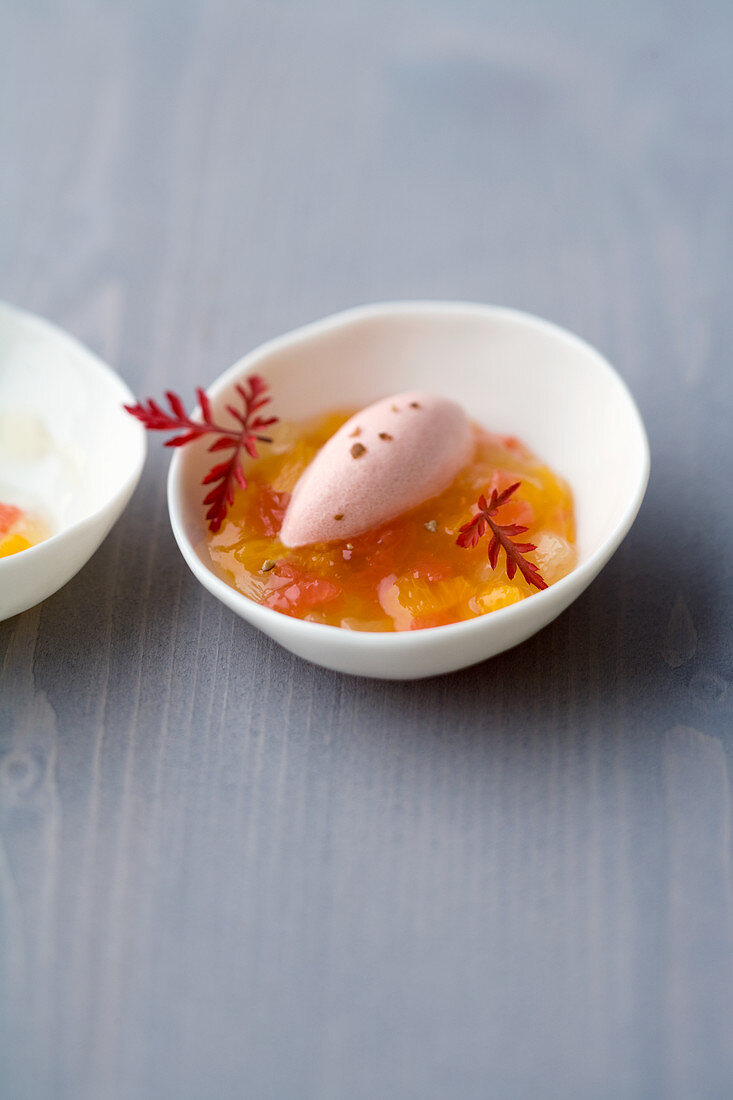 Citrus honey jelly with pink pepper and grapefruit sorbet