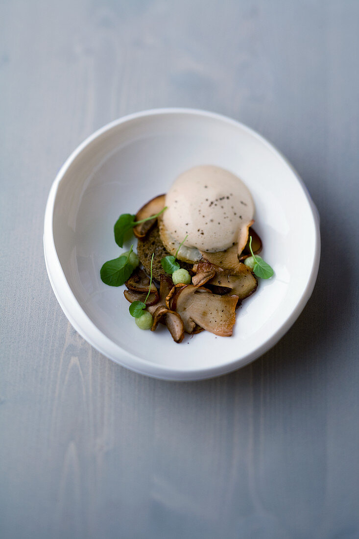 Mushroom and celery with malabar pepper and mocha foam