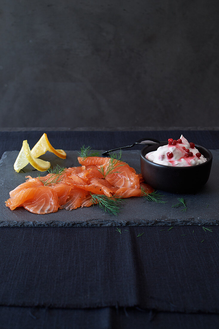 Pickled salmon with cranberry dip