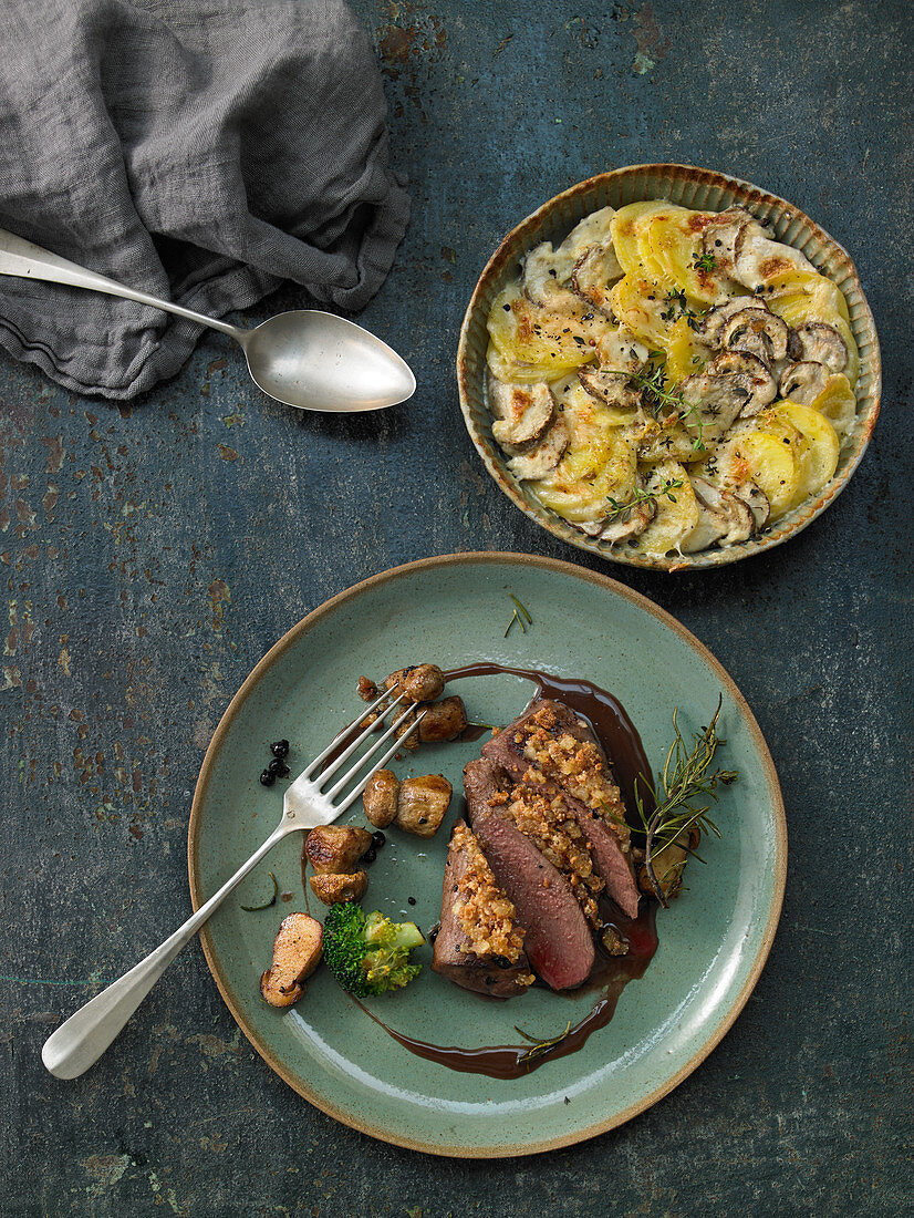 Porcini and potato gratin with venison