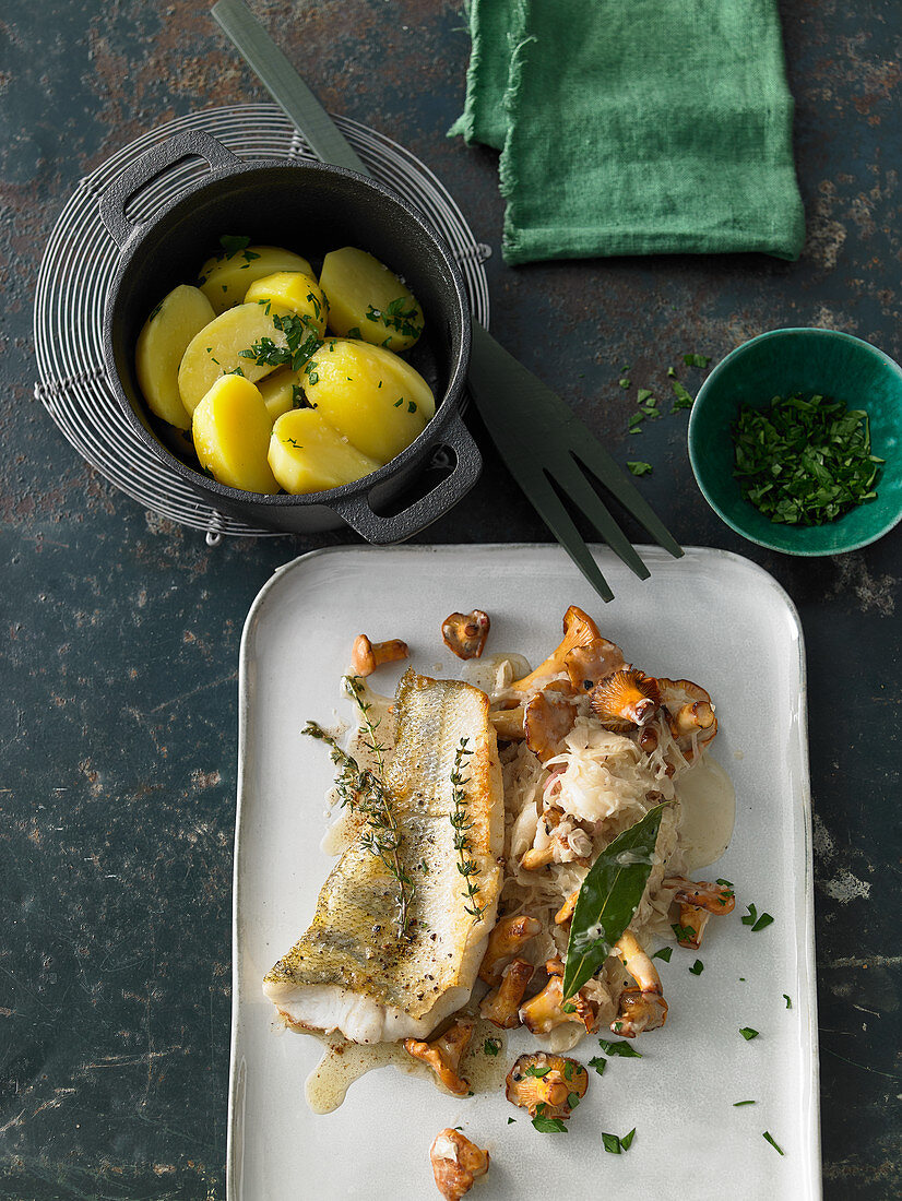 Fried zander fillet with cream chanterelle mushroom and cabbage, and parsley potatoes