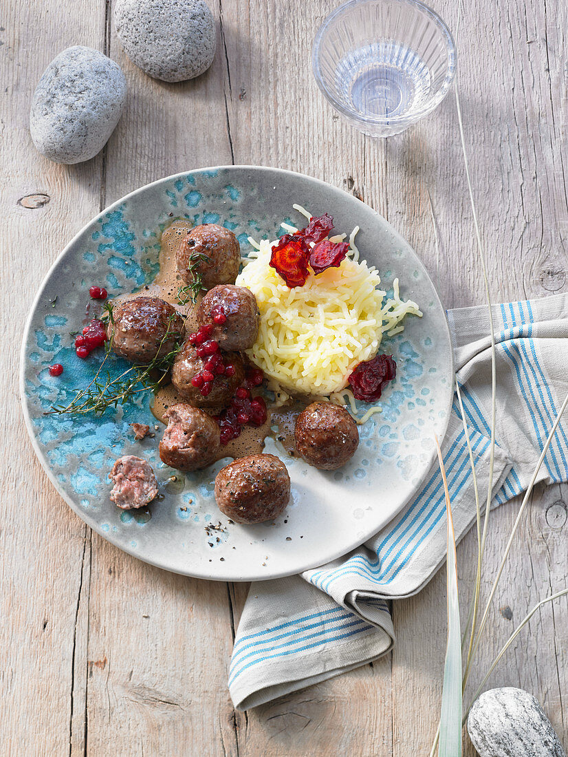 Swedish meatballs with mashed potatoes, beetroot crisps and lingonberries
