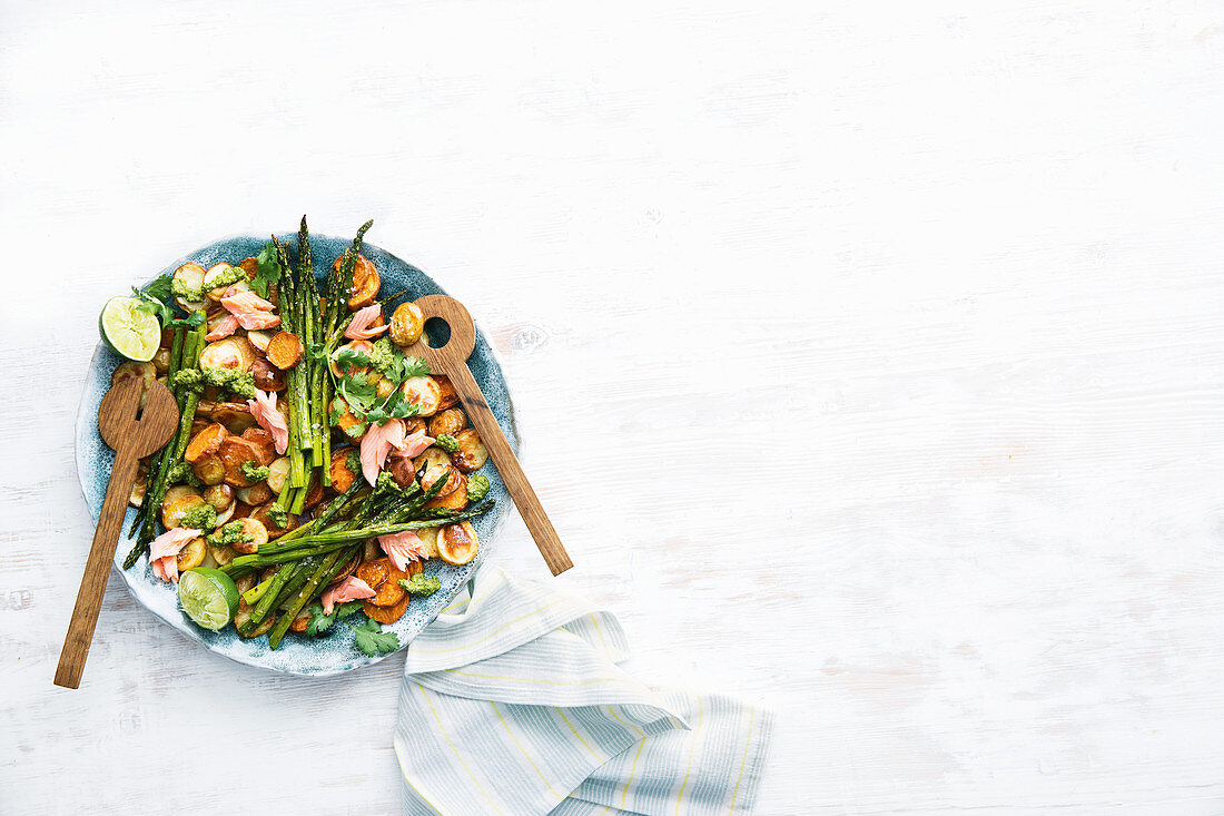 Mixed potato salad with smoked trout and coriander dressing