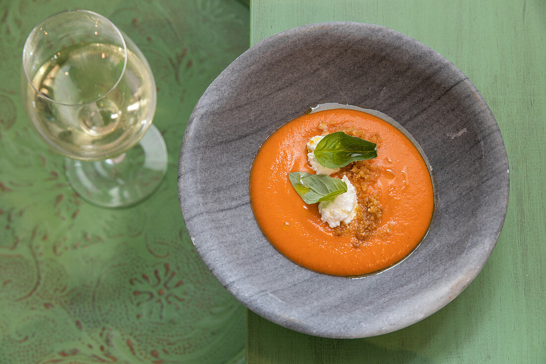 Salmorejo served with olive oil, Priego de Cordoba, Cordoba, Andalusia, Spain