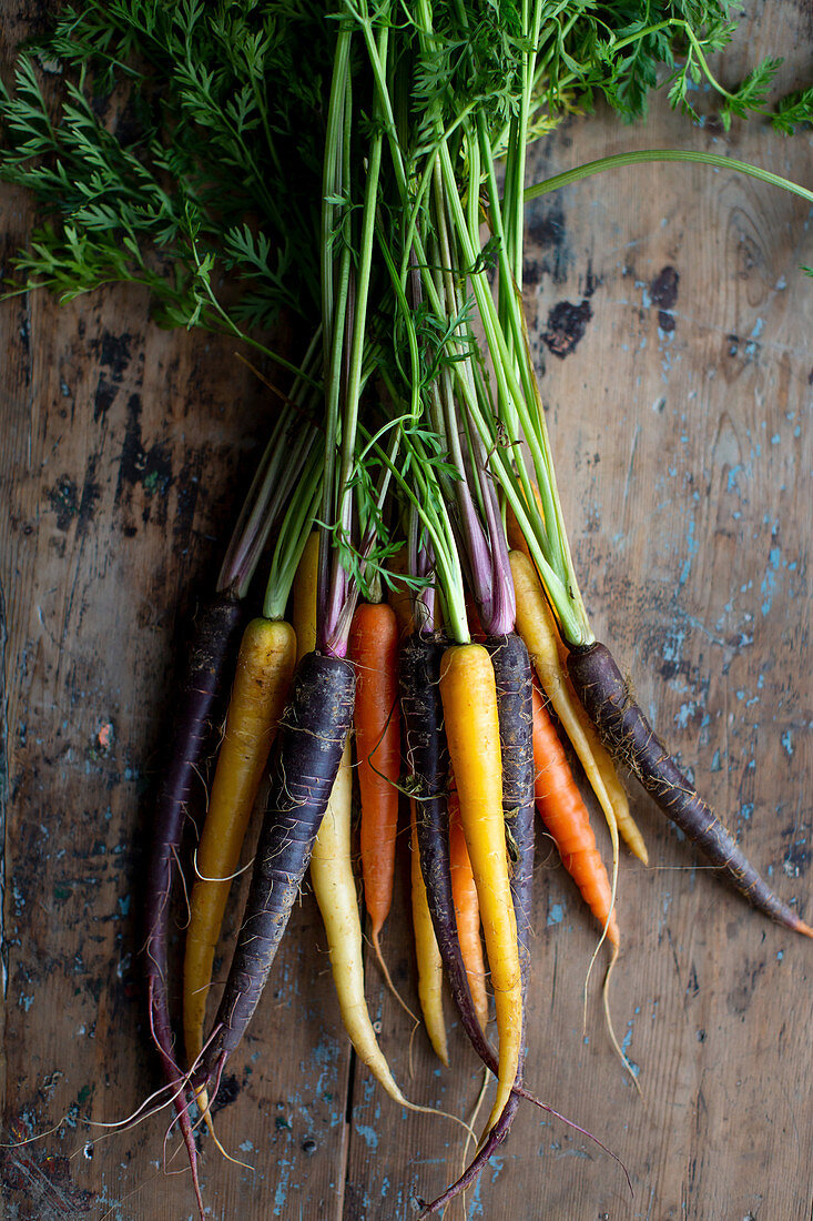 Different colored carrots on a wooden background