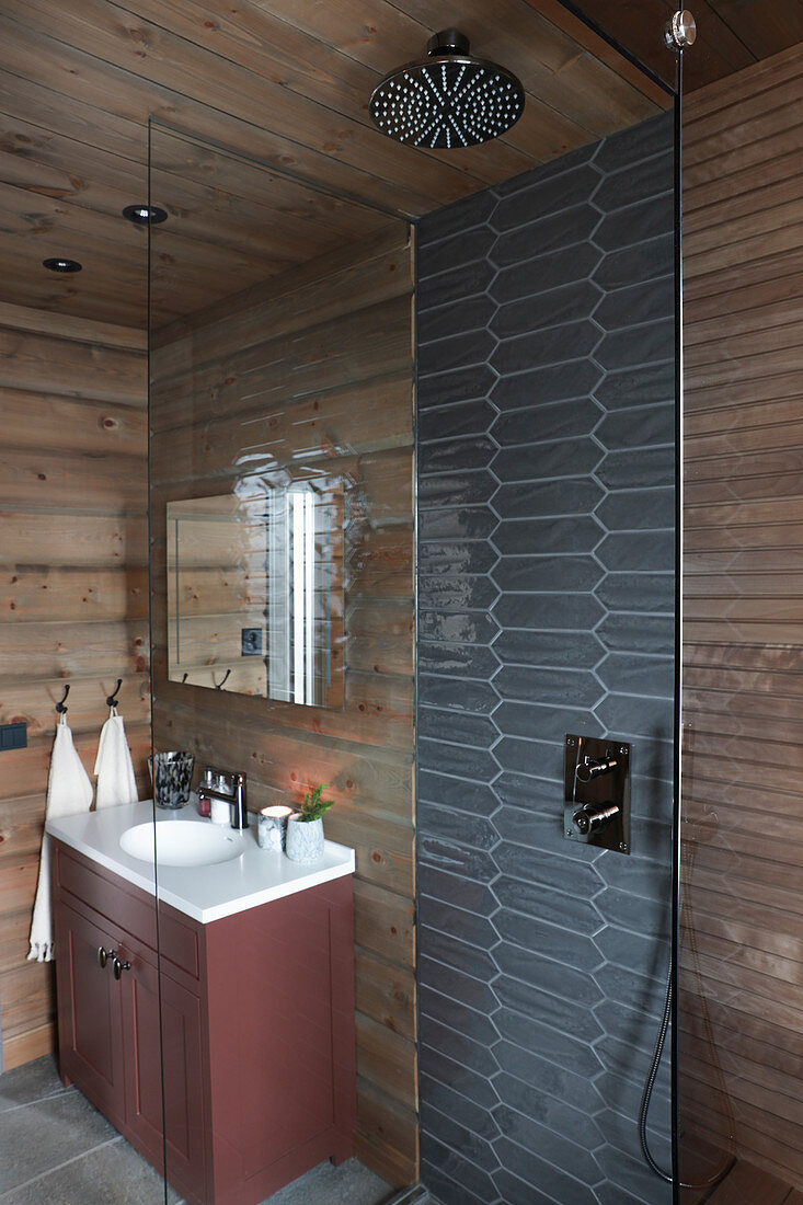 Shower and sink in rustic bathroom with wood-clad walls