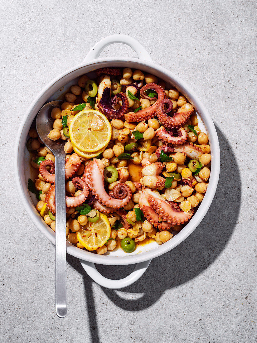 Octopus with chickpeas, lemon and green olives