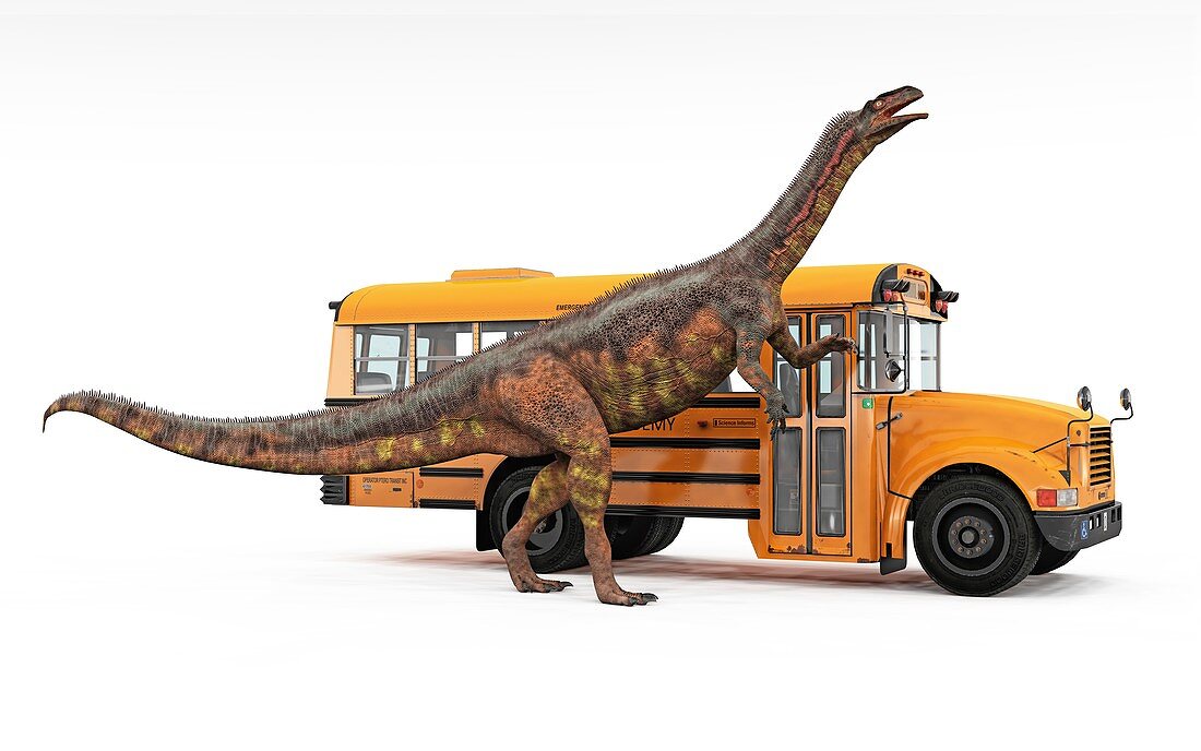 Plateosaurus and school bus, illustration