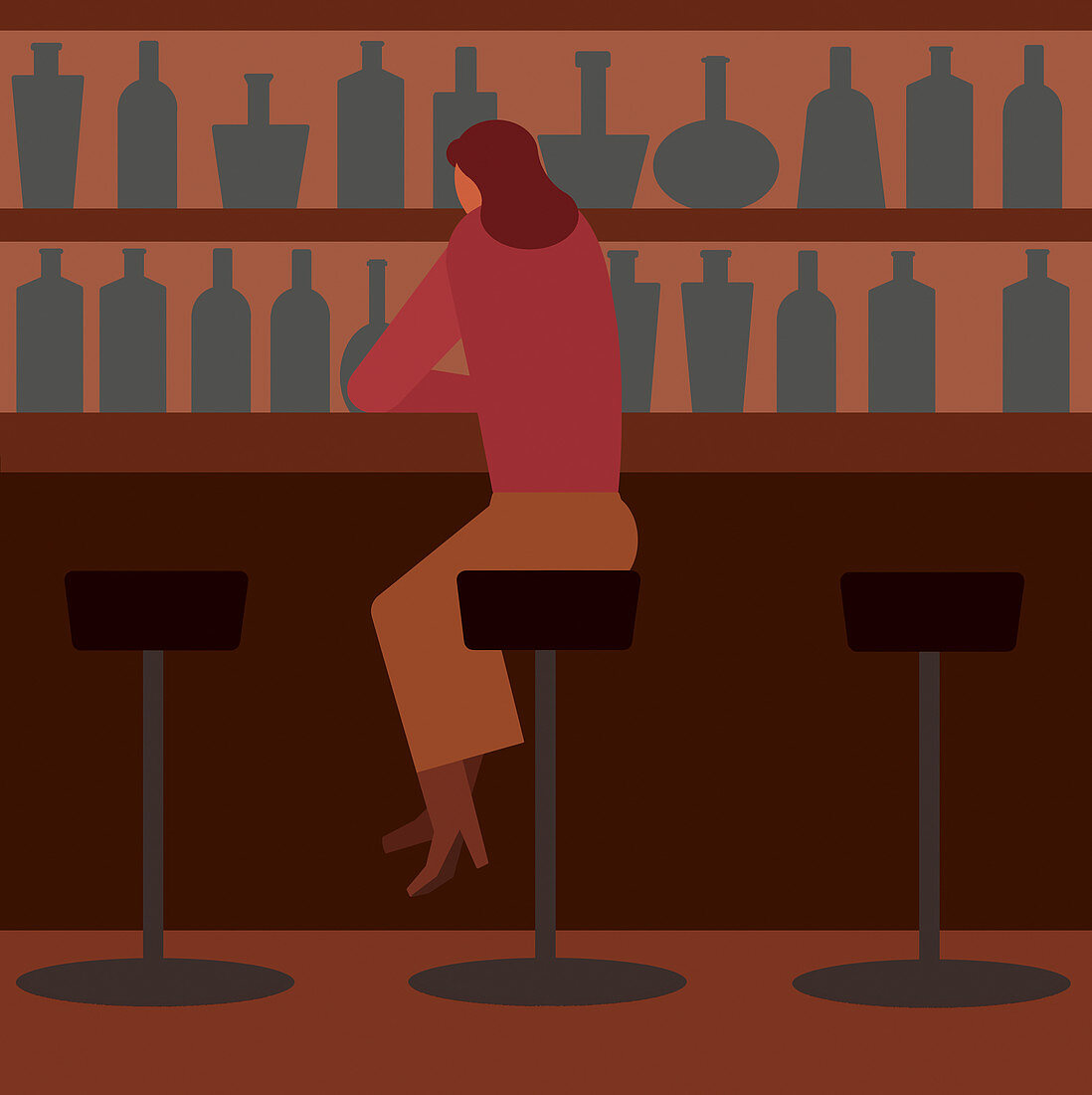 Woman drinking alone in bar, illustration