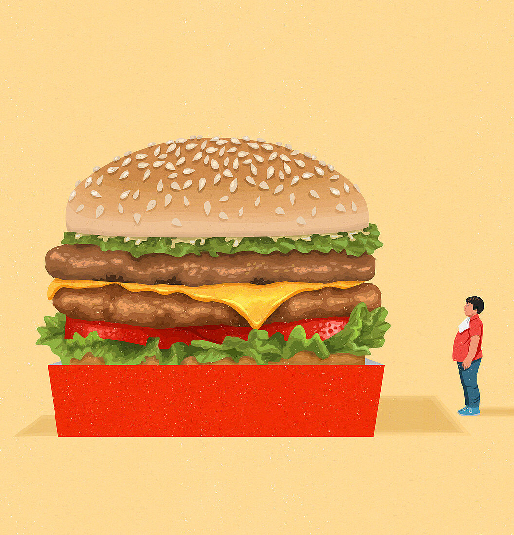 Overweight boy looking at giant cheeseburger, illustration